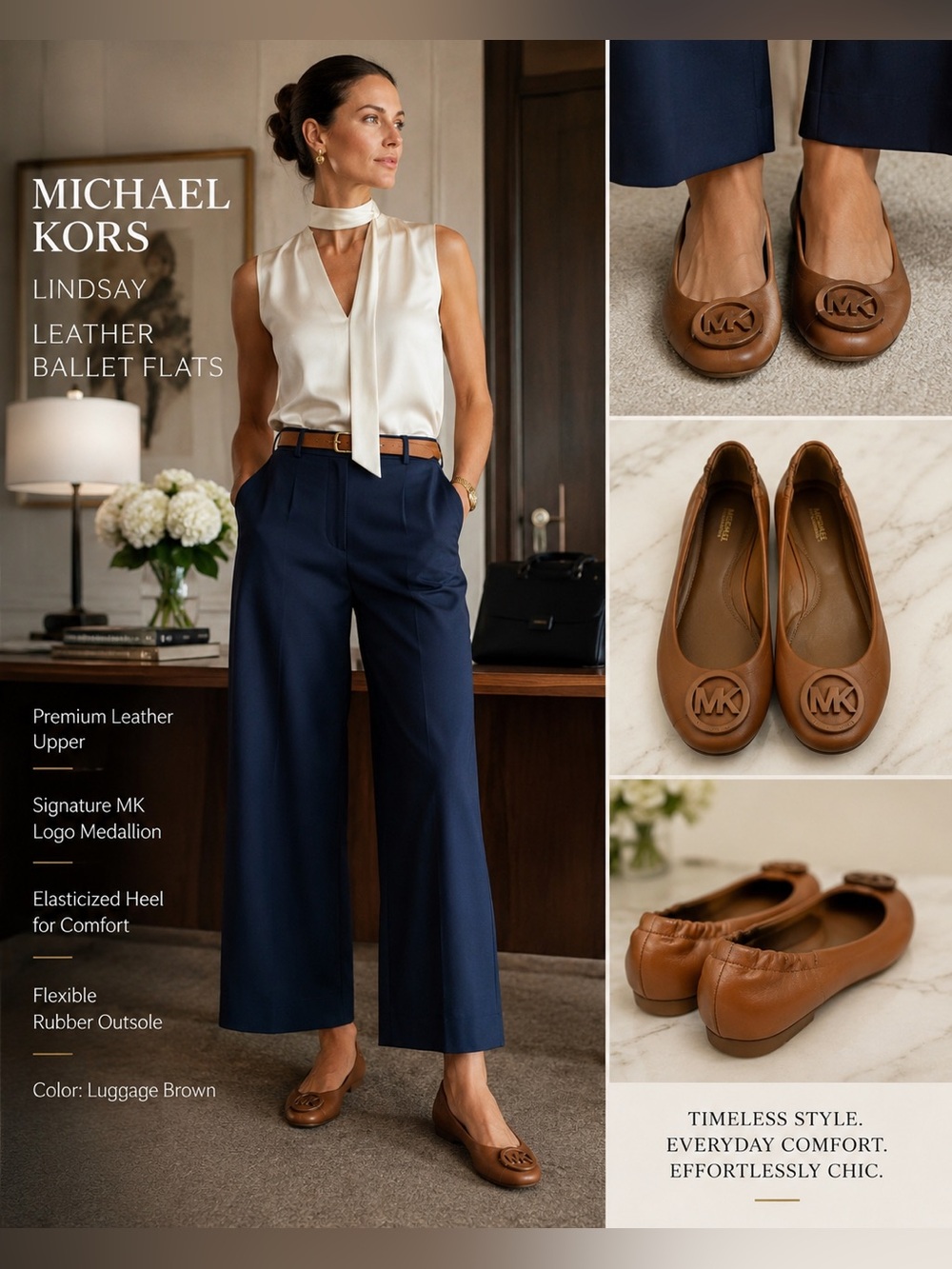 Michael Kors Lindsay Logo Leather Ballet Flats Luggage Brown Size 9M EUC